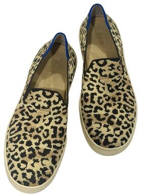 Rothy's Leopard Print Slip-On Flats in Beige, Black & Blue Trim